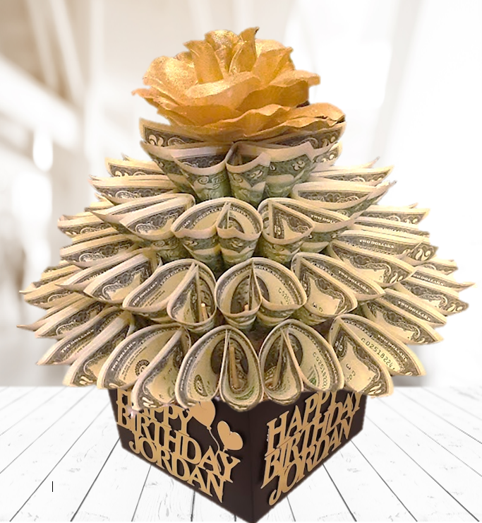 Happy Birthday Money Bouquet Personalized With Name by Spendable Arrangements