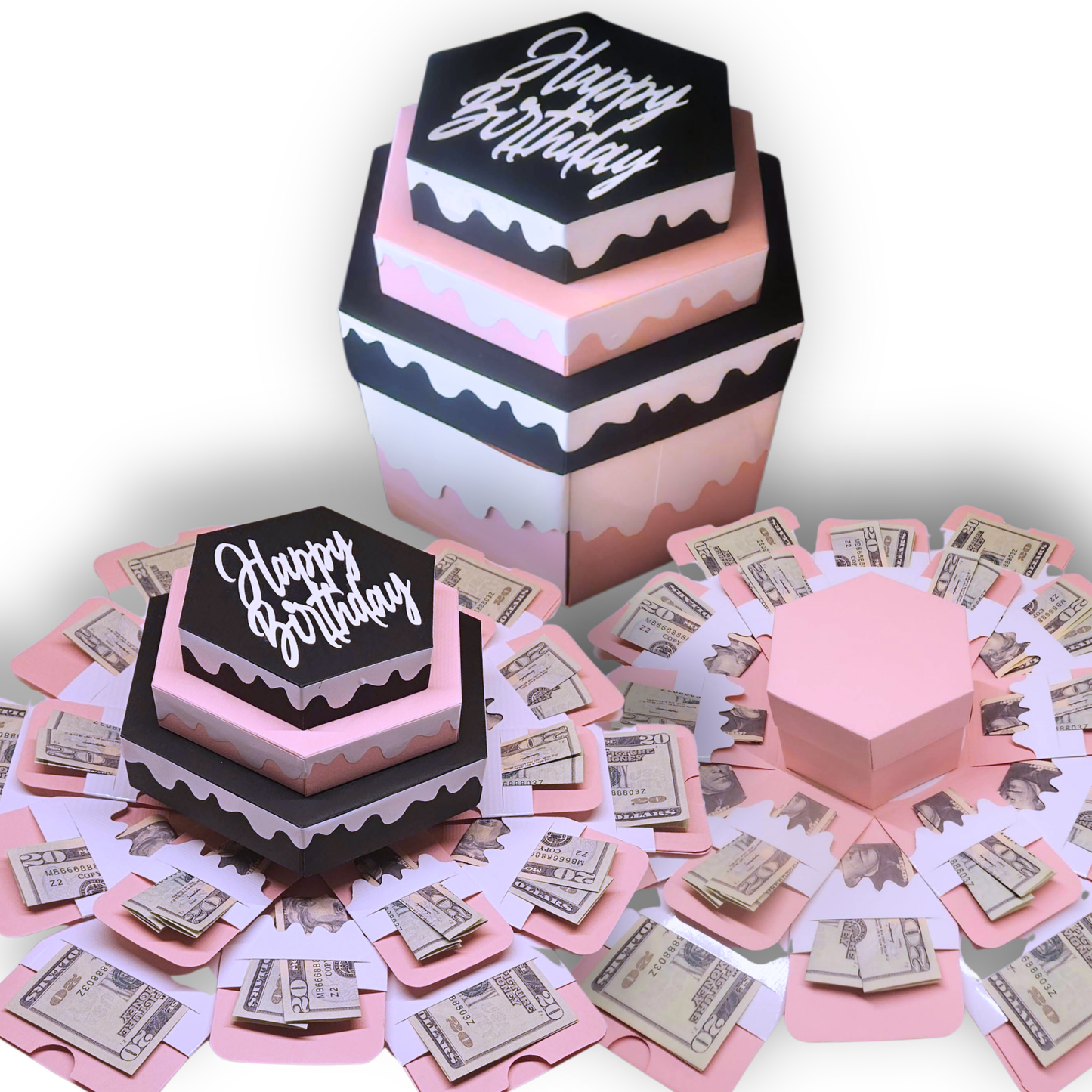 Birthday Cake Pink and Black Money Explosion Gift Box