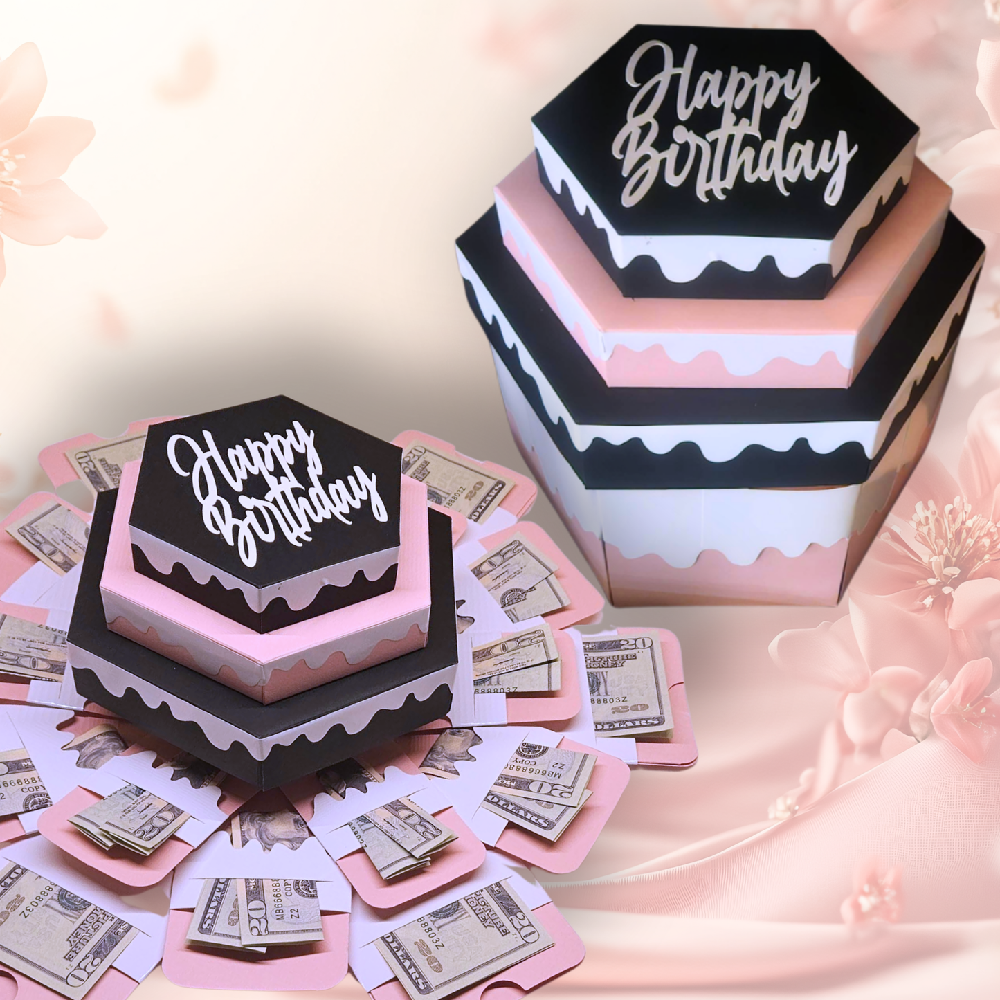 Birthday Cake Pink and Black Money Explosion Gift Box