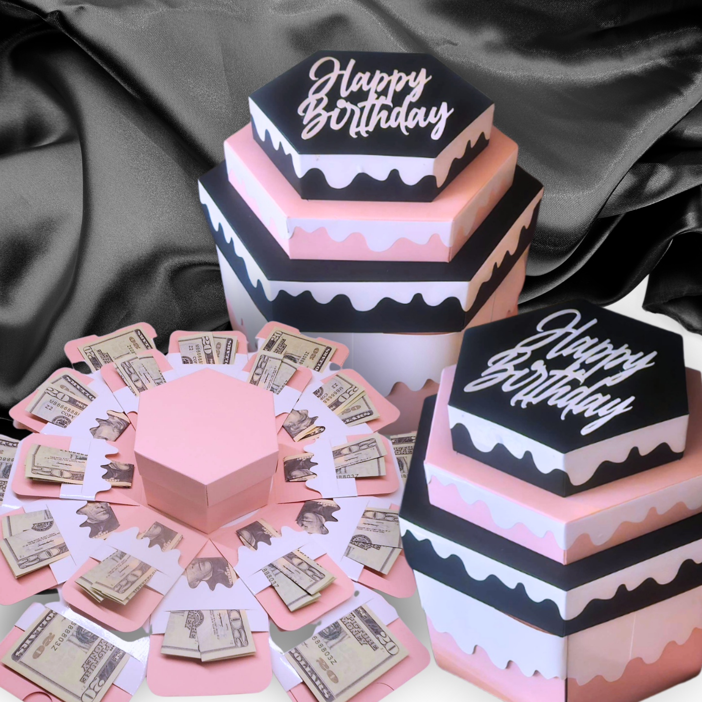 Birthday Cake Pink and Black Money Explosion Gift Box