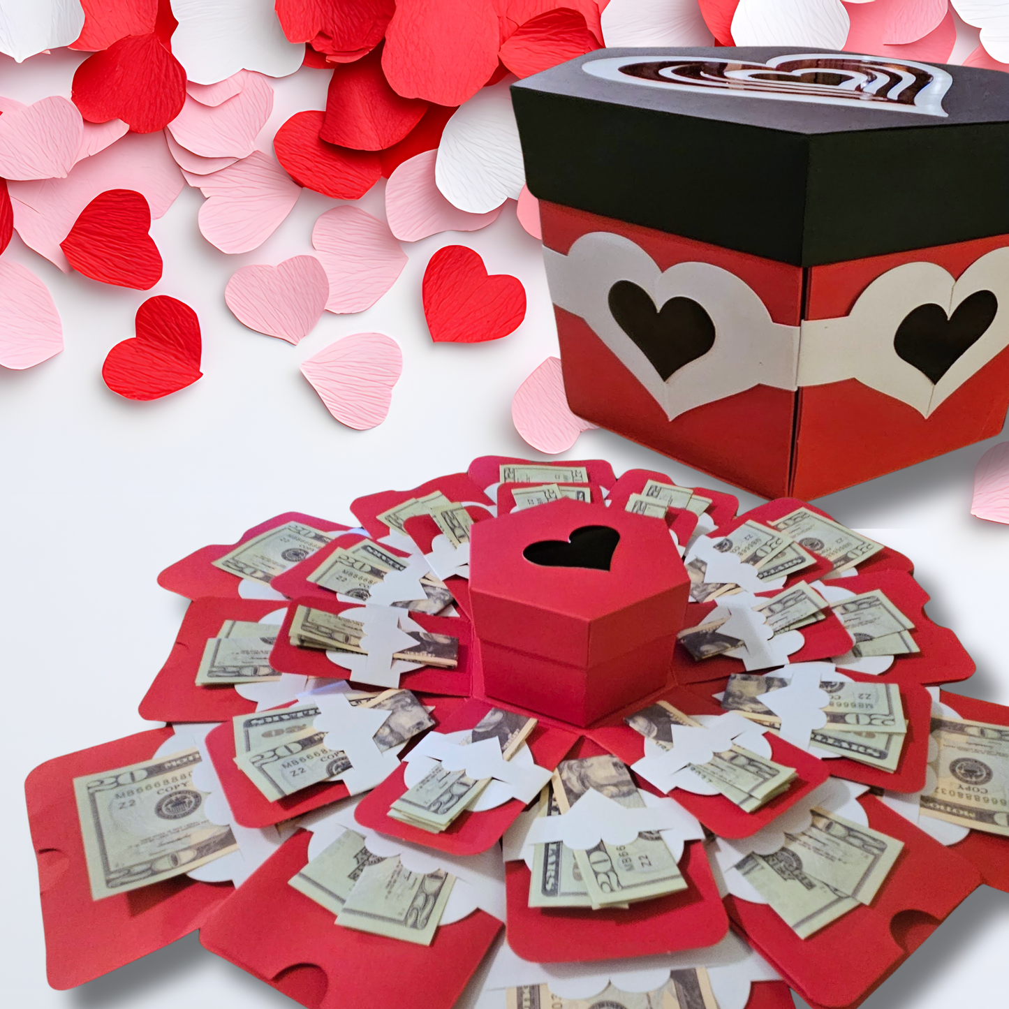 Valentine's Day Hearts On Red Box Explosion Money Gift Box