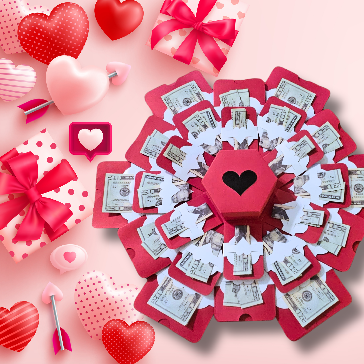 Valentine's Day Hearts On Red Box Explosion Money Gift Box