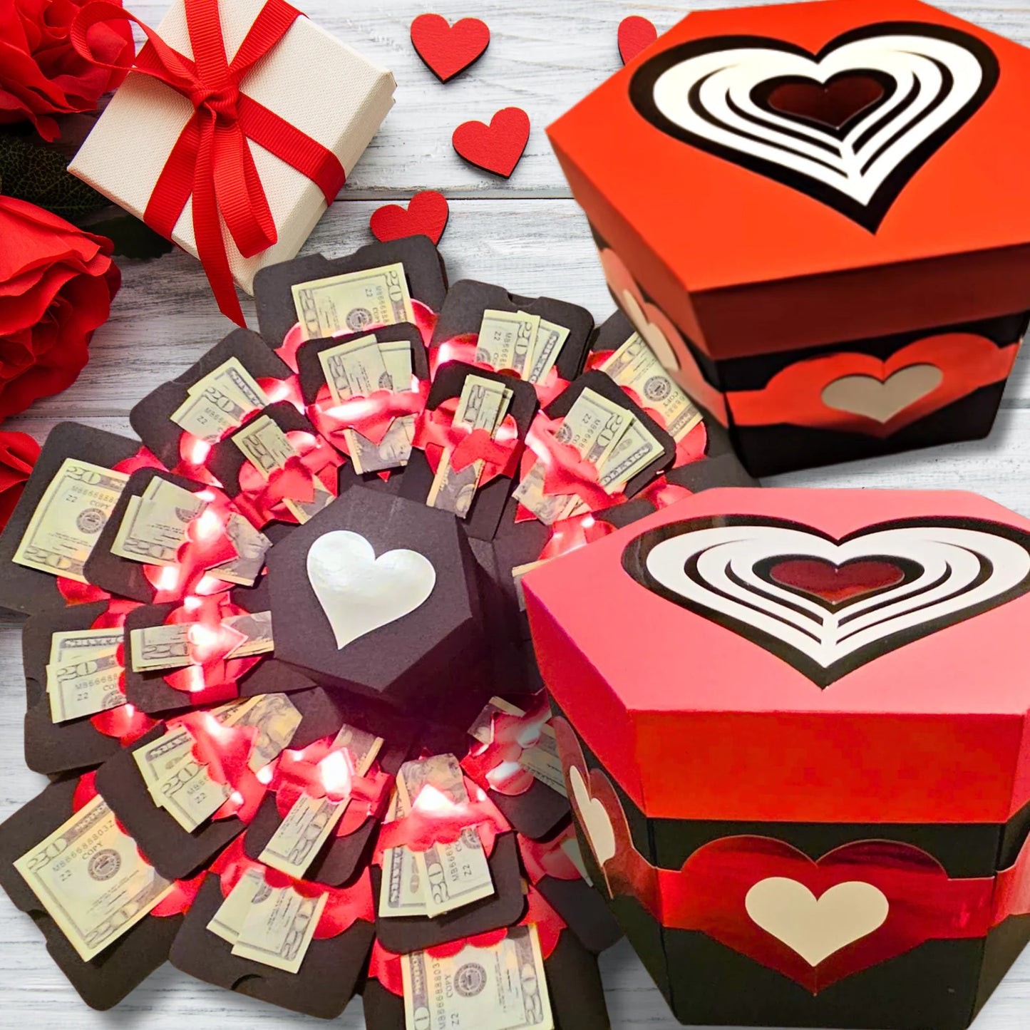 Valentine's Day Hearts On Black Box Explosion Money Gift Box