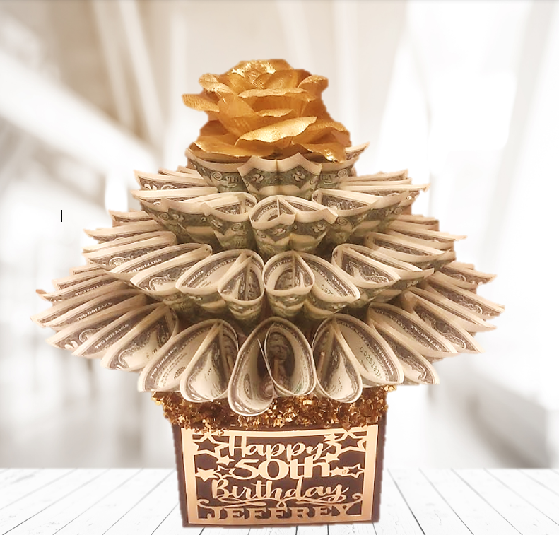 Happy 50th Birthday Gold Money Bouquet Personalized