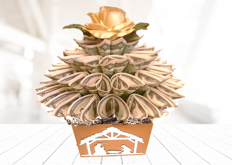 Silver and Gold Nativity Christmas Money Bouquet by Spendable Arrangements