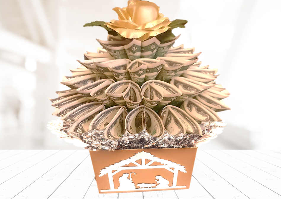 Silver and Gold Nativity Christmas Money Bouquet by Spendable Arrangements