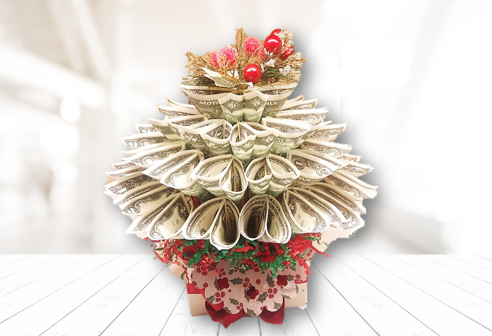 front red and white christmas money bouquet