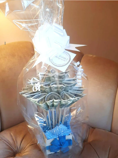 gift wrapped Lucky money tree by Spendable Arrangements