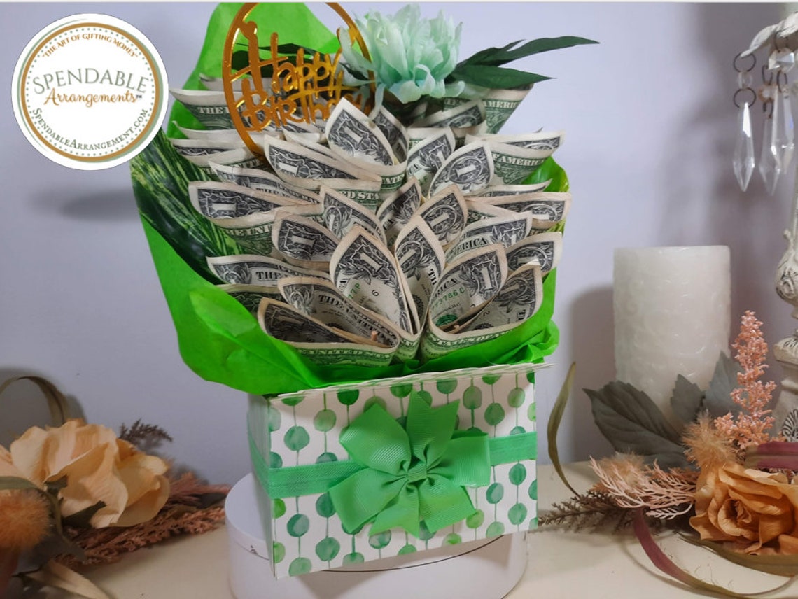 Green Money Bouquet Cascading Cash as a birthday gift