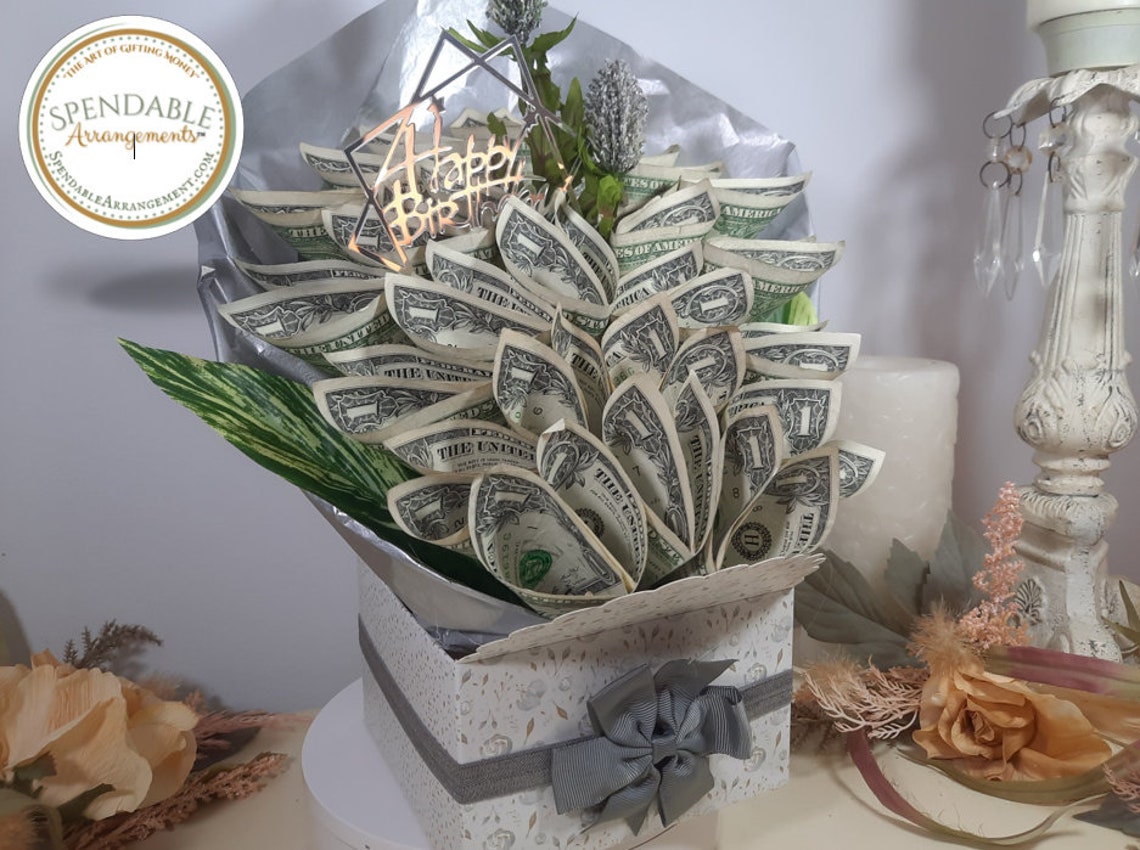 silver Birthday Money Bouquet Cascading Cash by Spendable Arrangements