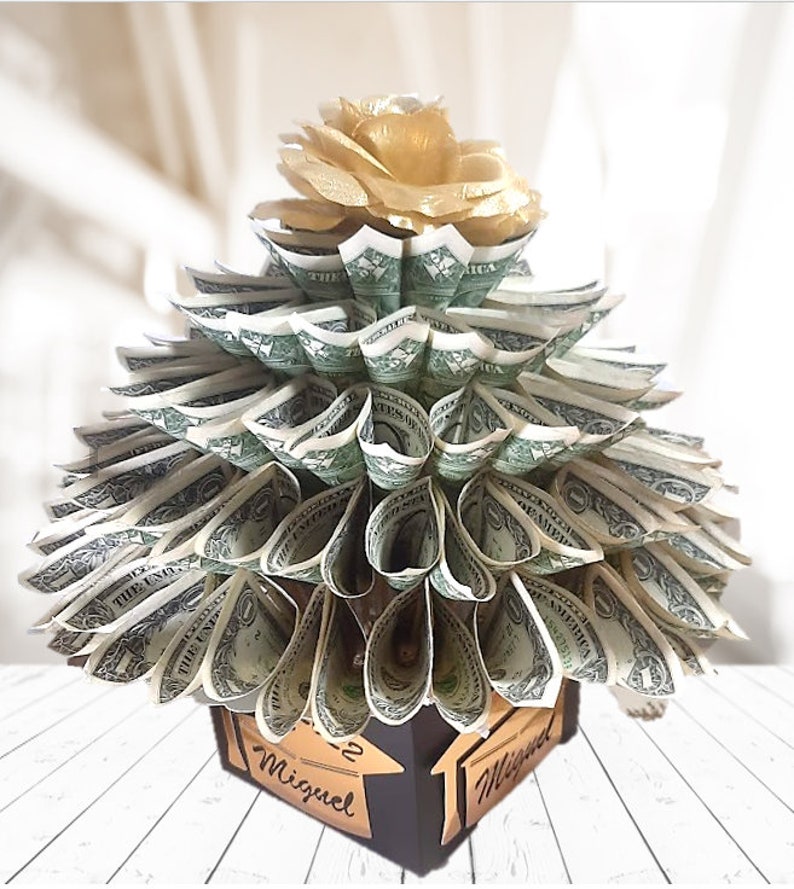 Graduation Real Money Bouquet in gold Personalized With Name of Graduate Spendable Arrangements
